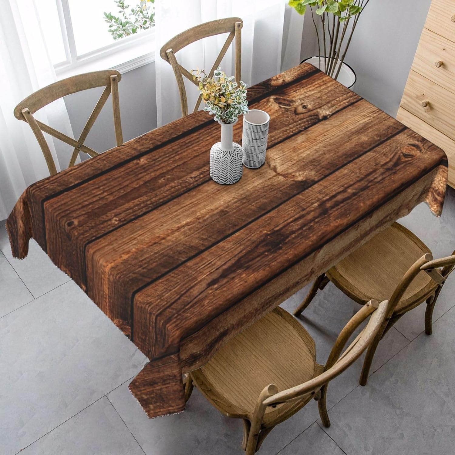 Tovaglia Antimacchia 300x140 cm Rettangolare Tavola di Legno D'epoca Tovaglie Impermeabile 3 Metri Copritavolo Poliestere Protezione Tavolo Tema Del Paese, per Feste (12-14 Posti) a/3708