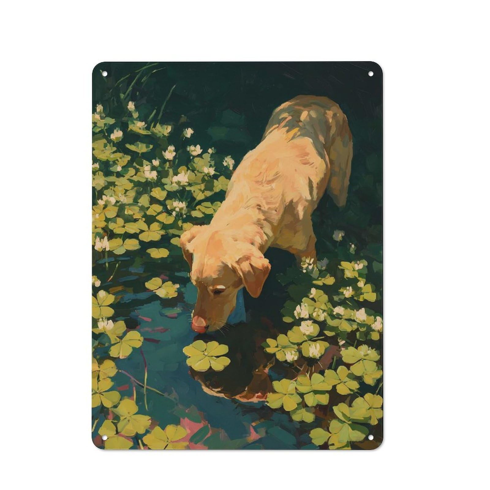 Junmoney Style-23 Tin Wall Plaque 40X30cm With Dog Drinking From A Pond With Clover For Bar Or Restaurant, For Hospitality Decor Collectors