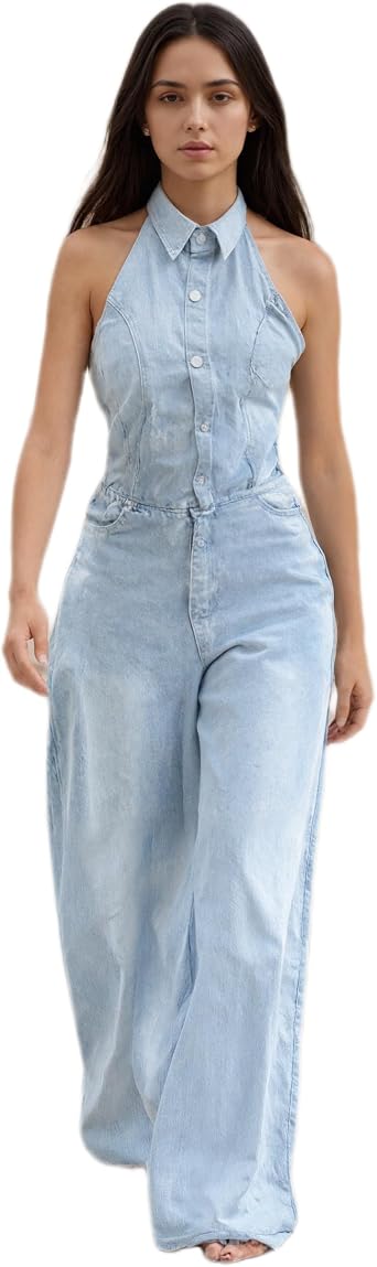 Womens Denim One Piece Outfits Elegant High Waisted Wide Leg Jumpsuits with Pockets Trendy Y2K Going Out Jeans Romper