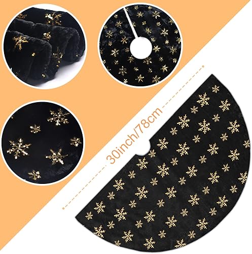 Vista 179 de Faldones de felpa para árbol de Navidad, 36 pulgadas, tapete de lujo de piel sintética blanca nevada con copos de nieve dorados para decoración