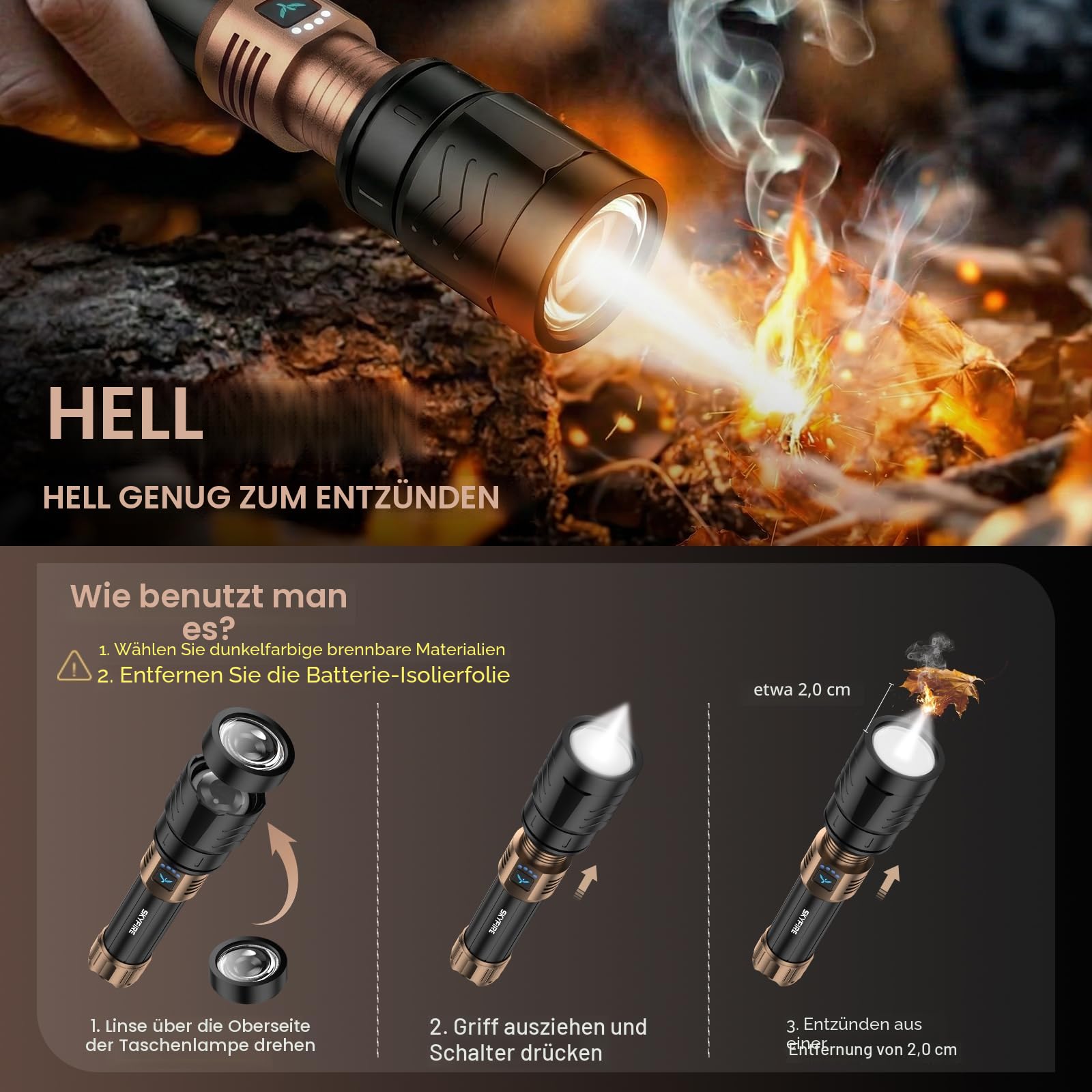 SKYFIRE Taschenlampe LED Aufladbar 5000 Lumen, Taschenlampen extrem hell Zoombar mit Feuerzündungs-Linse für Camping & Notfälle, 4 Helligkeitsstufen, Wiederaufladbare mit Powerbank-Funktion
