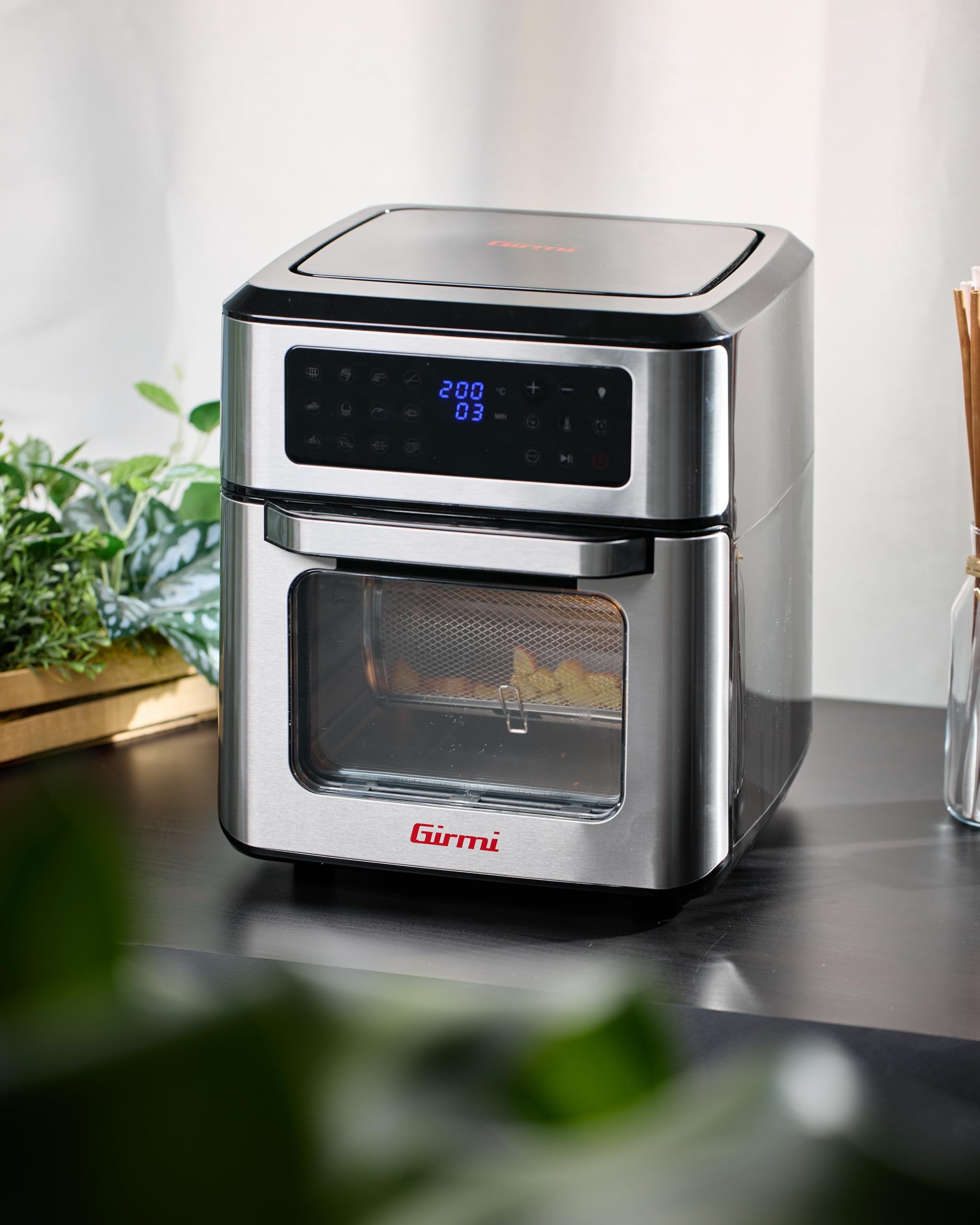 Girmi FG97 Friggitrice ad Aria 12 Litri e Forno Elettrico, 1600-1800W, 12 Programmi Preimpostati, Cestello Rotante & Girarrosto, Vassoio Raccogli Grasso, Display Digitale, Accessori, Grigio Acciaio