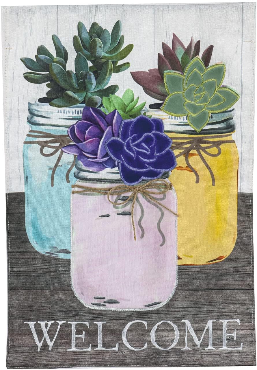 Evergreen Mason Jar Succulents Garden Linen Flag