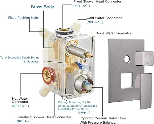 Miniatura 4 de BWE Sistema de ducha con boquilla de cascada, juego de grifo de ducha cuadrado de 10 pulgadas, cabezal de ducha de lluvia cuadrado de níquel