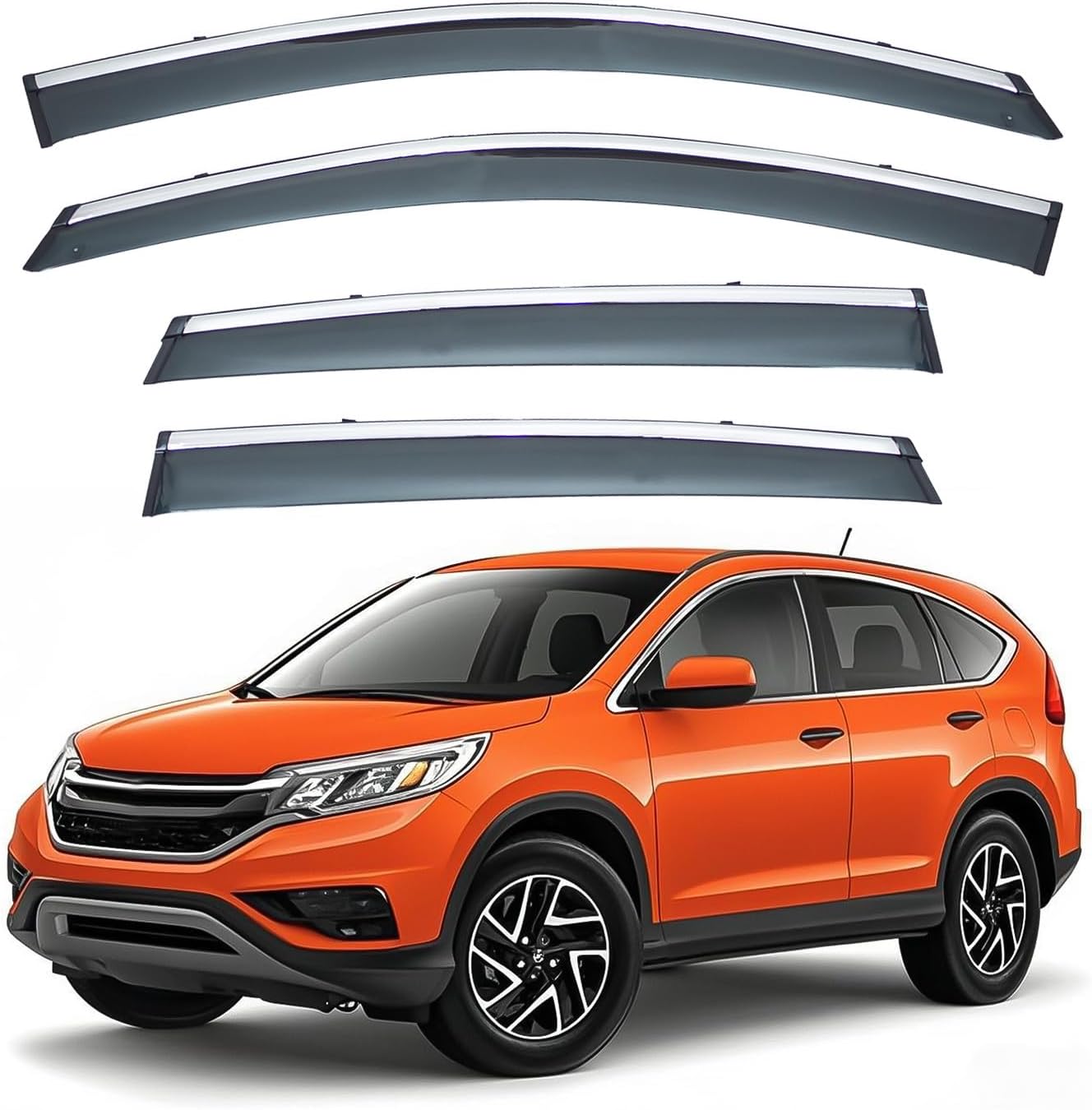 Deal 4-Piece Set Outside Mount Tape On/Clip On Type Smoke Tinted Sun/Rain Guard Vent Window Visors with Chrome Trim Compatible with 2012-2016 CRV All Models