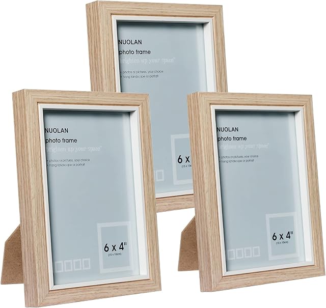 NUOLAN 6X4 Photo Picture Frame Natural Wood Pattern Set of 3 -Real Glass Front(EU-NL-008-4X6-WN)