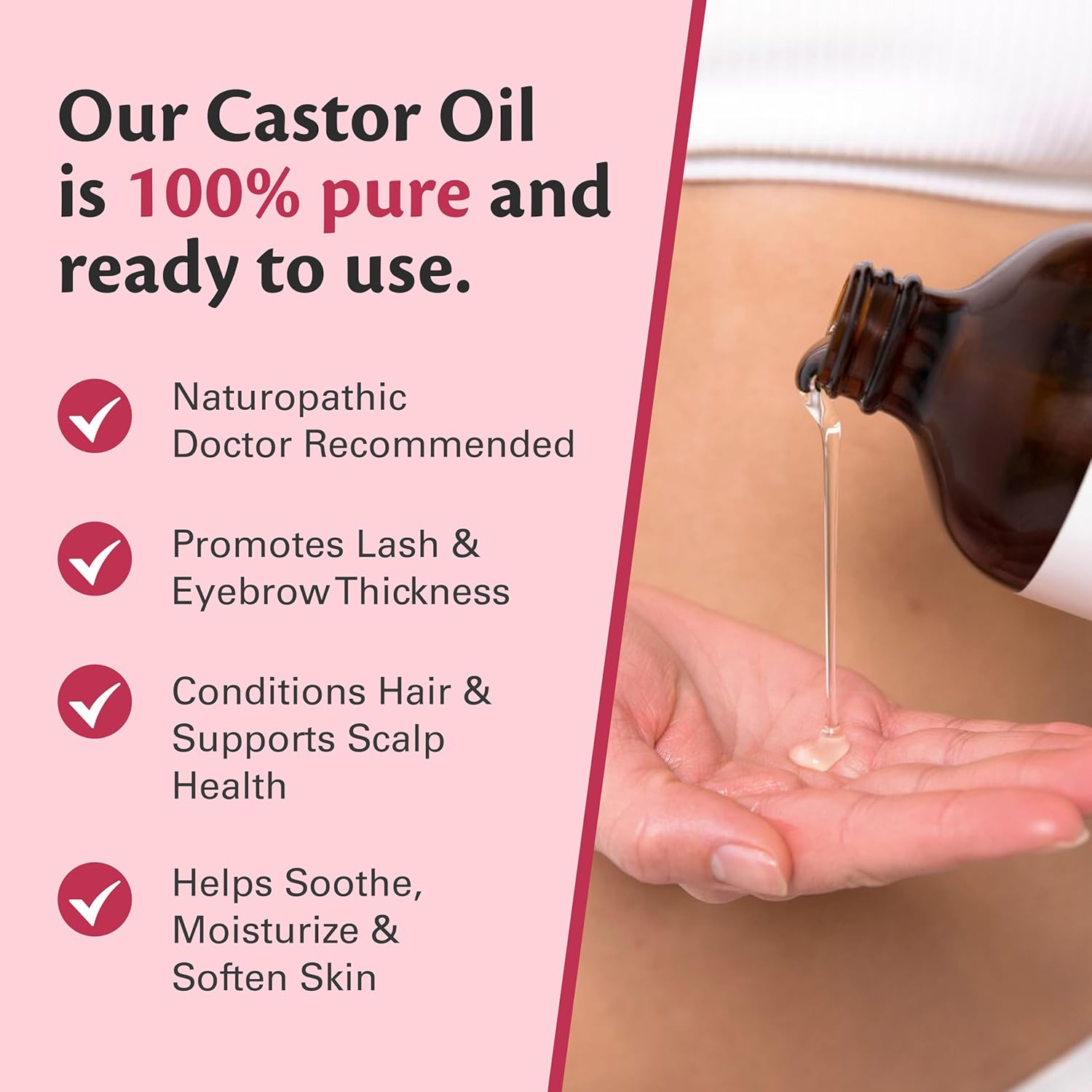 100% Pure Organic Castor Oil for Hair, Lash and Eyebrow Growth, Lymphatic Drainage, Stomach Discomfort and Skin Hydration | Hexane-Free, Cold Pressed and Unrefined in a 16.9 fl oz (500ml) Glass Bottle