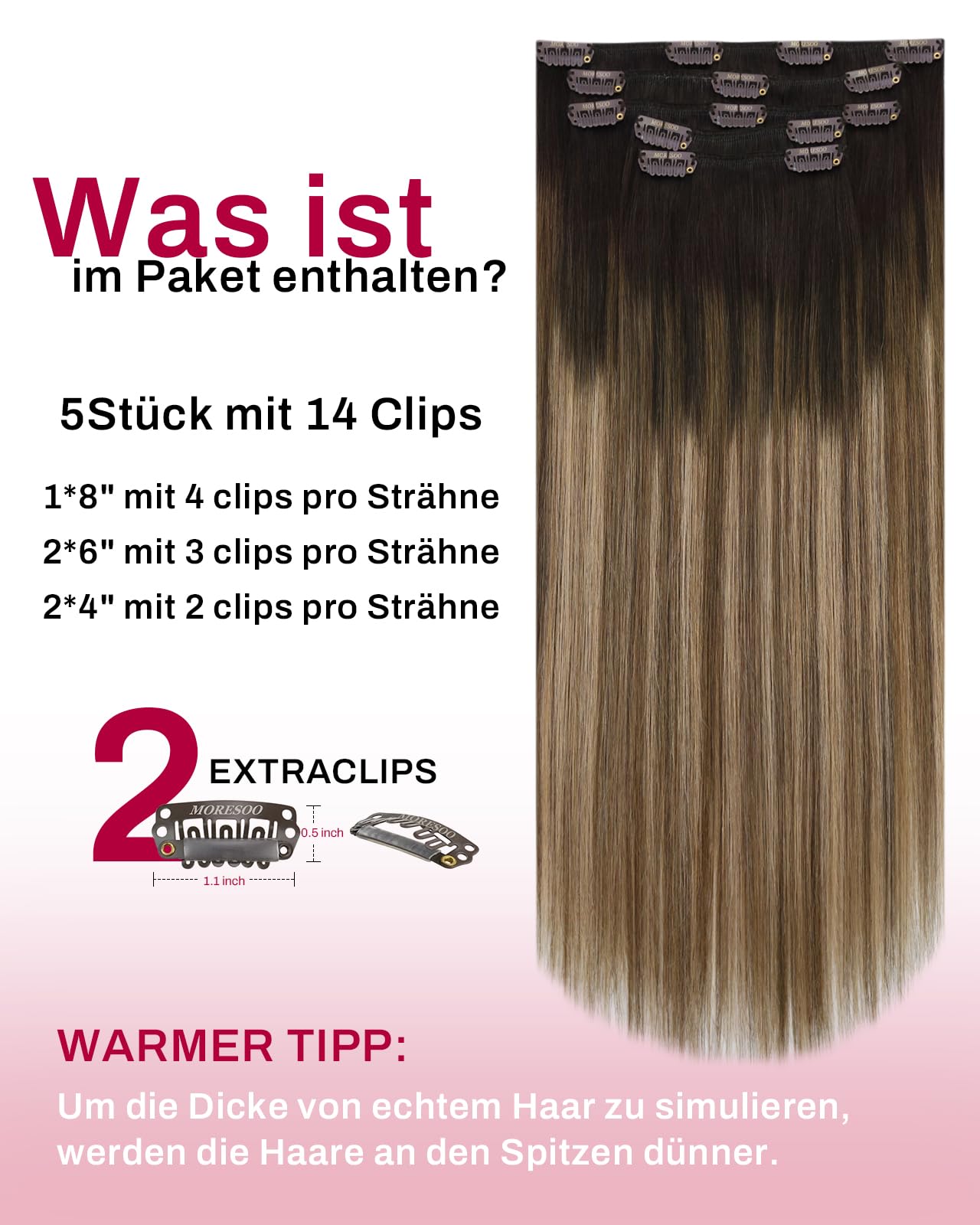 Moresoo Clip in Extensions Echthaar, Salon Qualität Weiches Glattes Haar 35 cm 5 Stück 80g Echthaar Extensions Clip in #4/10/16 Braun zu Braun mit Blond, Leicht zu Tragen Solide und Langlebig 14 Zoll