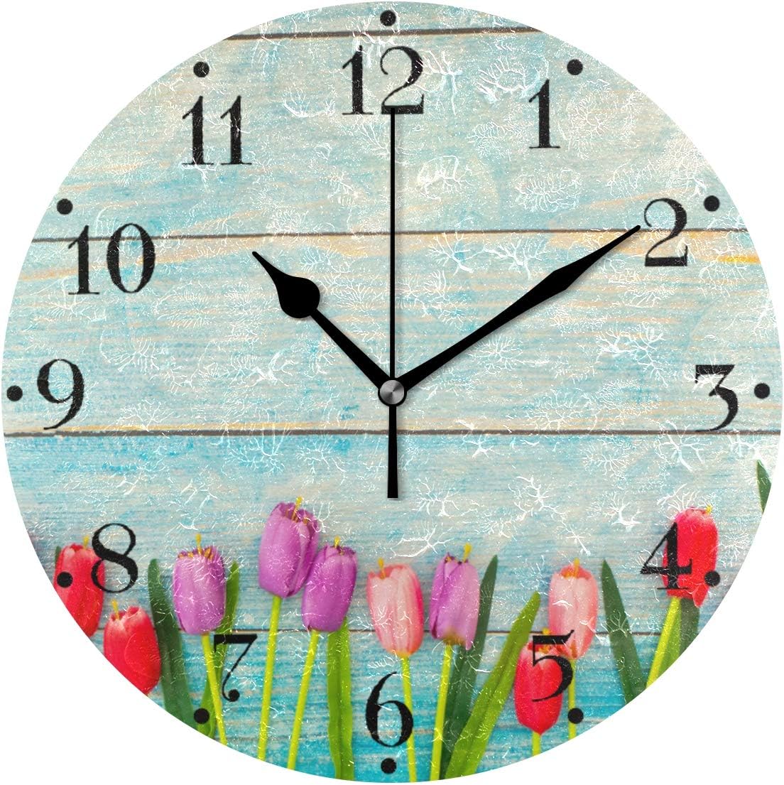 AGONA Color Tulips Flower On Blue Wooden Wall Clock, Art