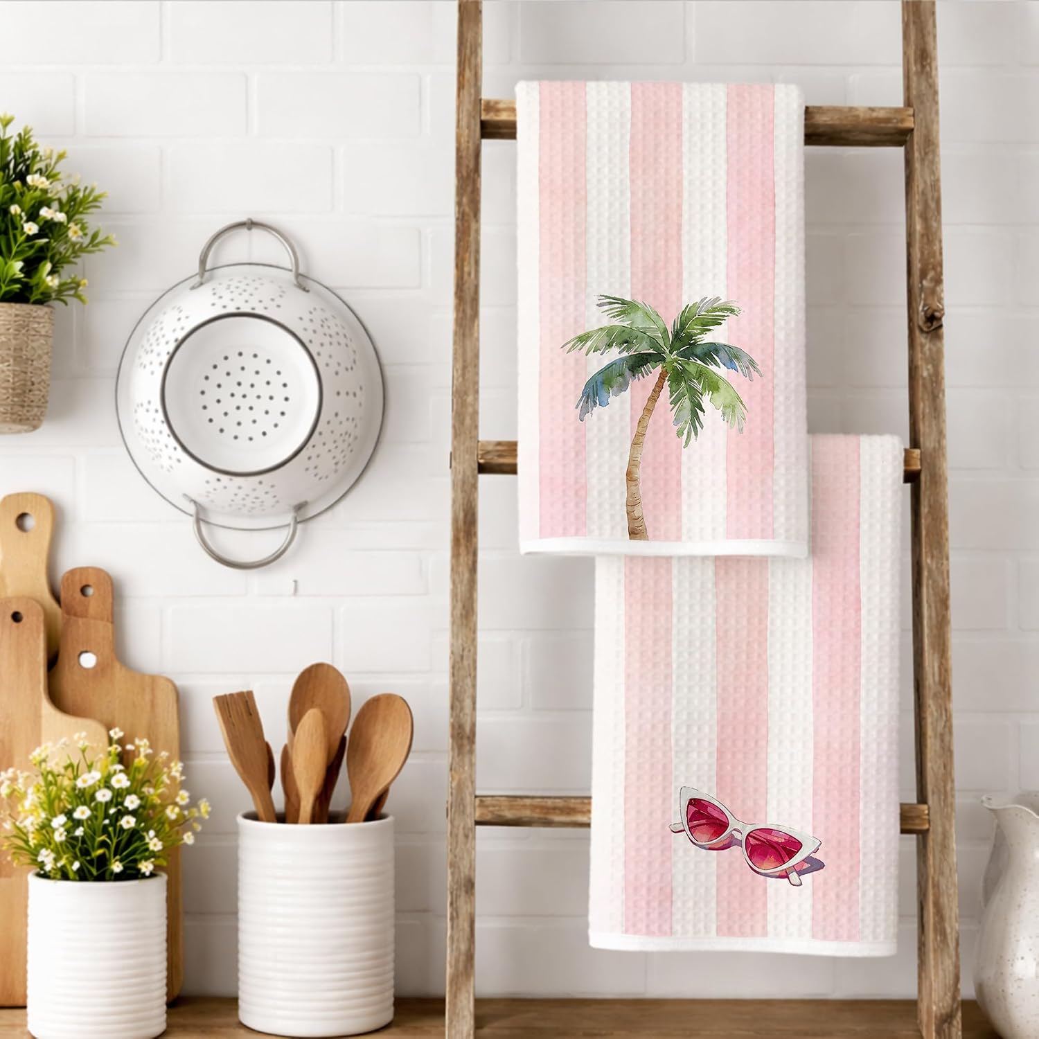 Pink Striped Coastal Beach Kitchen Towels 16x24 in Set of 2, Preppy Beach Summer Tropical Palm Tree Decorative Hand Towels for Bathroom Kitchen, Ocean Nautical Dish Tea Towel