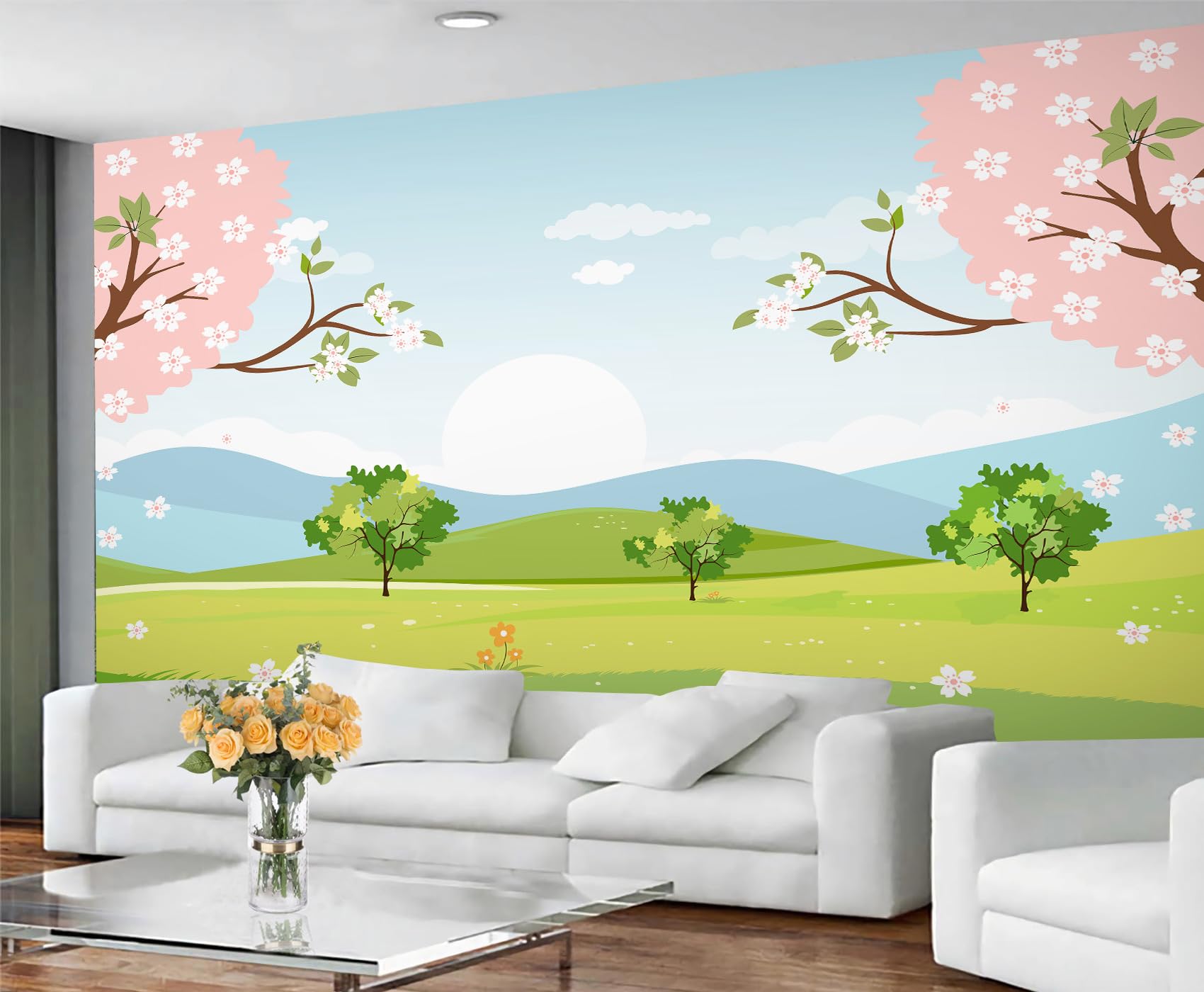 GIVLWF Landscape Wallpaper, Spring Scenery Bedroom Wallpaper, Cartoon Kids Wall Paper for Living Room, Not Self Adhesive Countryside Wall Mural, Natural Landscape Large Mural & Room Decor