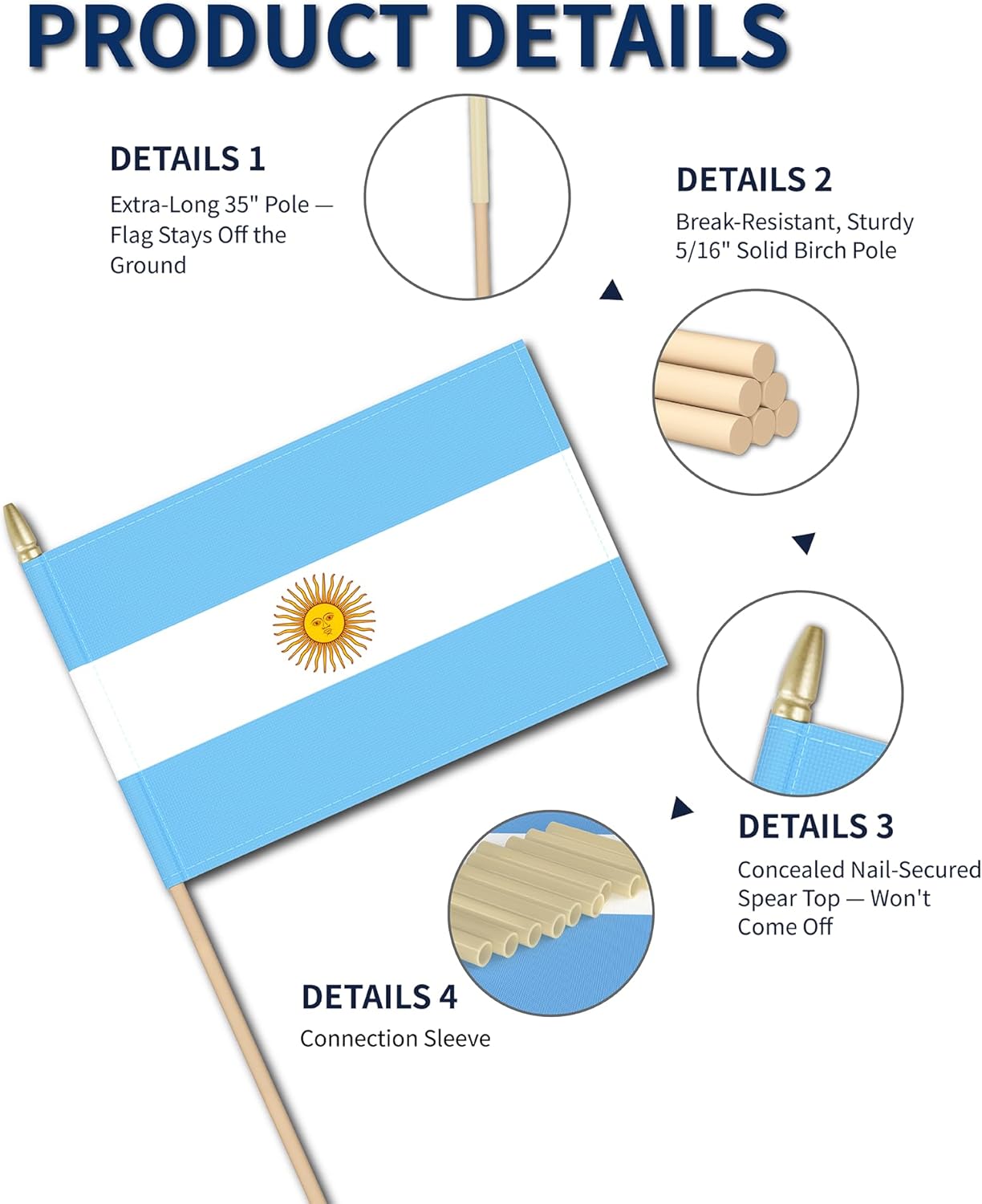 Heavy Duty 12 Pack 12x18 Inch Large Argentine Flags on Stick 35” Tall Argentina Stick Flags Durable Break-Resistant 5/16” Birch Pole 300D Oxford Fabric Argentina Independence Day May Revolution Day Yard & Festival Decorations