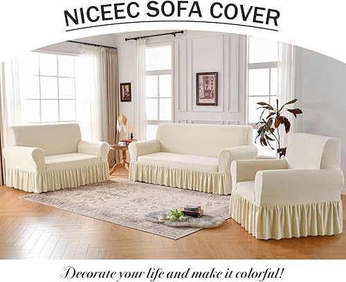 Miniatura 6 de NICEEC Funda para sofá biplaza, 1 pieza, de felpa, cálida, beige, amarilla, elástica, esponjosa, para sala de estar, fácil ajuste, lavable, suave,