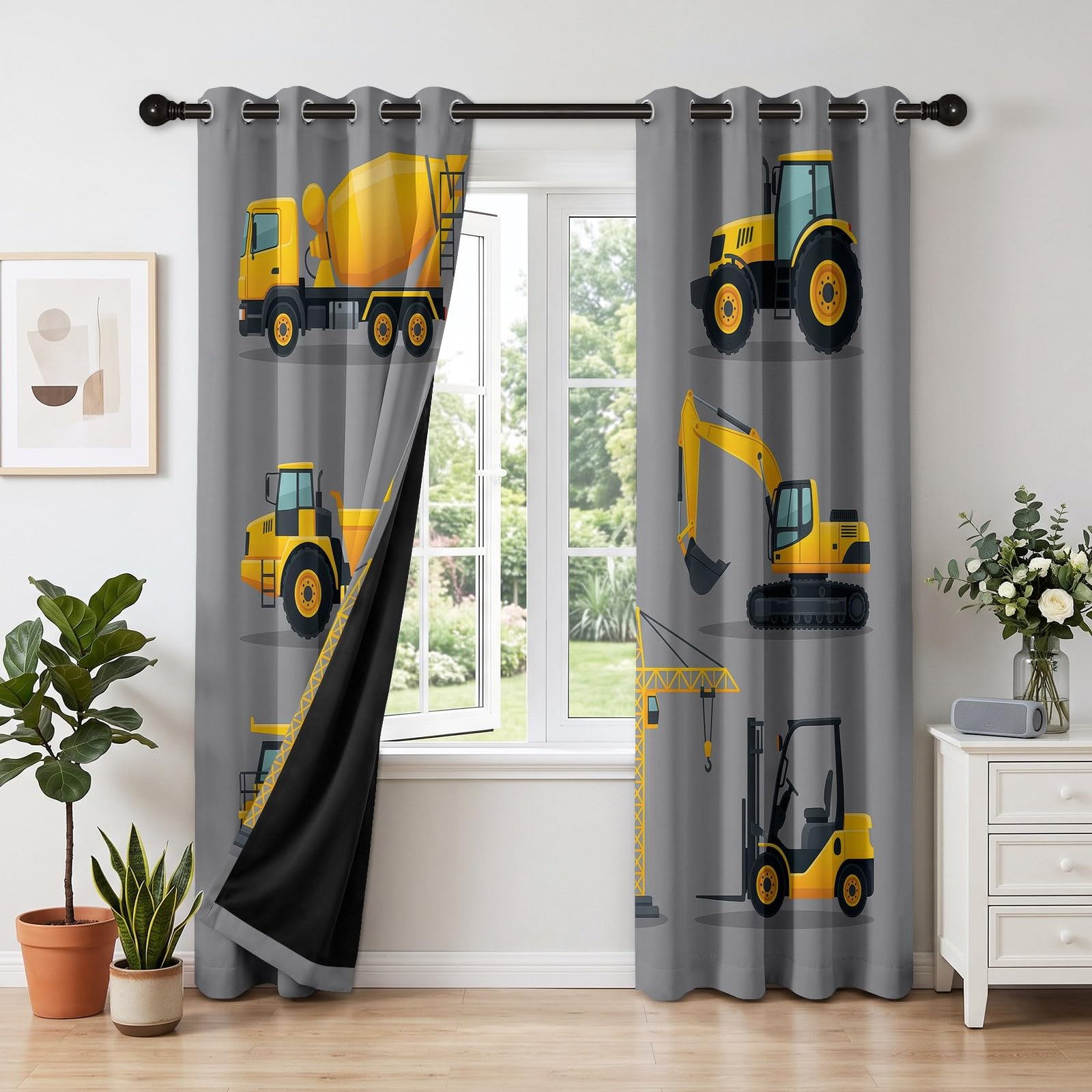 Zasłony samochodowe żółte czarne, 100% termiczne zaciemniające przelotki 2 panele 75 Lx166H cm, nieprzezroczysta zasłona do pokoju dziecięcego koparka, ochrona przed zimnem i ciepłem, do sypialni
