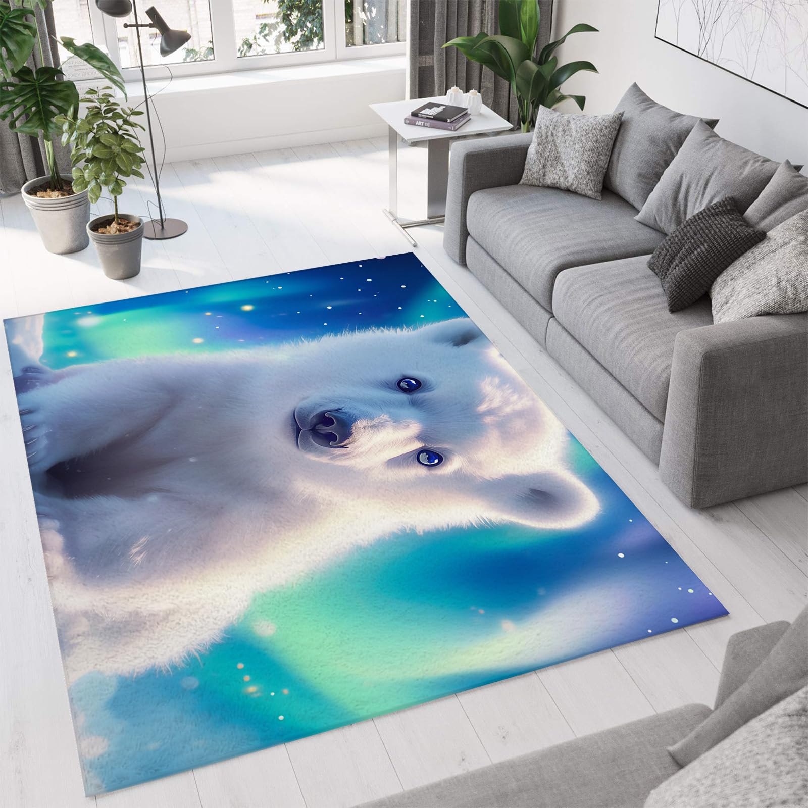 Tapis de salon aurore avec ours polaires pour créer un coin lecture cosy