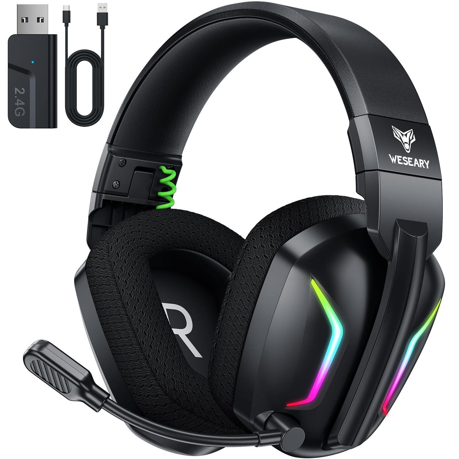 WESEARY Wireless Gaming Headset for PS5, PS4, PC, Switch, Mac – Dual-Mode 2.4GHz & Bluetooth 5.4 Gaming Headphones with ENC Noise Cancelling Mic, 50mm Drivers, Dynamic LED Lights, 50H Playtime