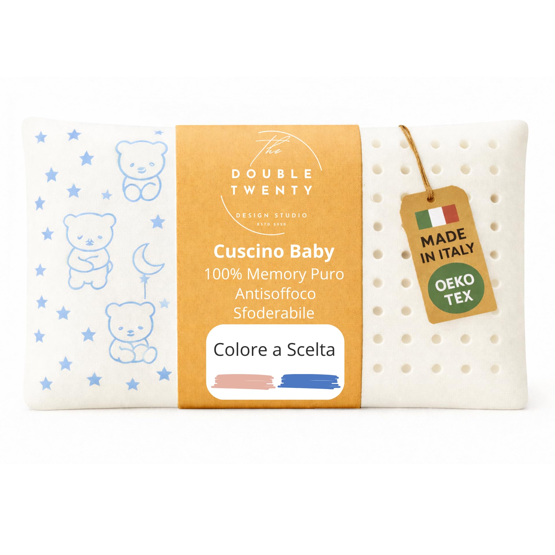 The Double Twenty Cuscino Baby in Memory Foam, ideale per culla e Bambini fino a 5 anni, Federa ipoallergenica,Modello a Saponetta forata Antisoffoco (Blu)