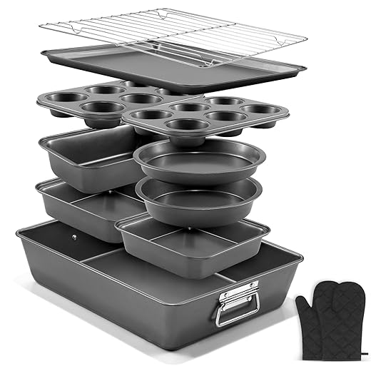 12PCS Nonstick Bakeware Set, Non-Toxic Carbon Steel Baking Pans Set with Wider Grip, Includes Roasting Pan, Cookie Sheet, Cake Pans, Muffin Pans, Cooling Rack, Oven Mitts, Easy Release