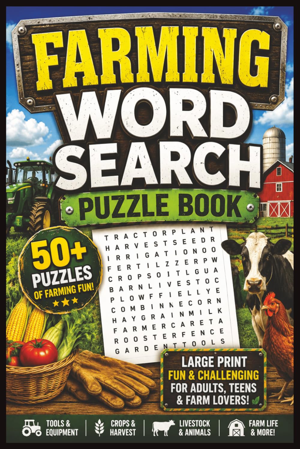 Farming Word Search Puzzle Book: 50+ Large Print Puzzles Featuring Tractors, Crops, Livestock, Farm Equipment, Agriculture & Rural Life
