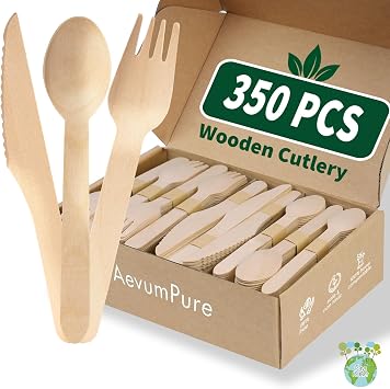 350 Pieces Compostable Wooden Cutlery Set - Disposable Wood Utensils140 Forks,105 Spoons,105 Knives-Bamboo Silverware And Plastic Flatware Alternative,Heavy Duty Serving Utensils For Party/Picnic