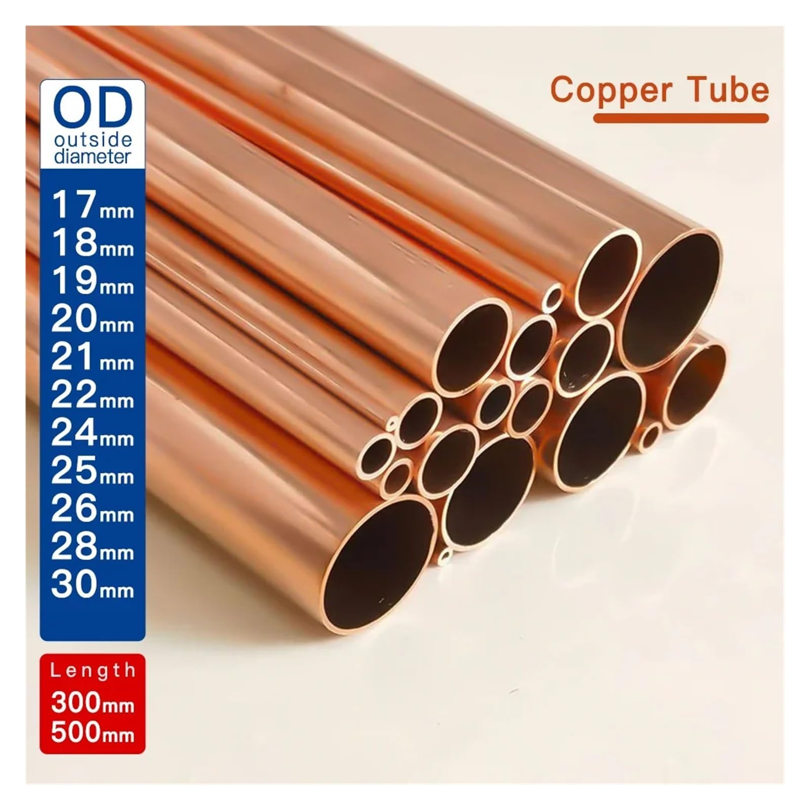Tubo dritto tondo in rame rosso e lega di rame, spessore preciso 0,5-2 mm, diametro esterno 17-30 mm, lunghezza 300 mm, 500 mm(300mm-OD 18 x ID 14mm)