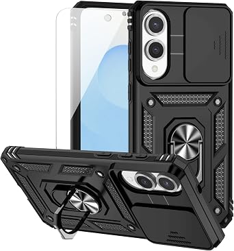 for Samsung Galaxy S25 Edge Case, with Camera Lens Cover HD Screen Protector, Military-Grade Drop Tested Magnetic Ring Holder Kickstand Protective Phone Case for Samsung Galaxy S25 Edge Black
