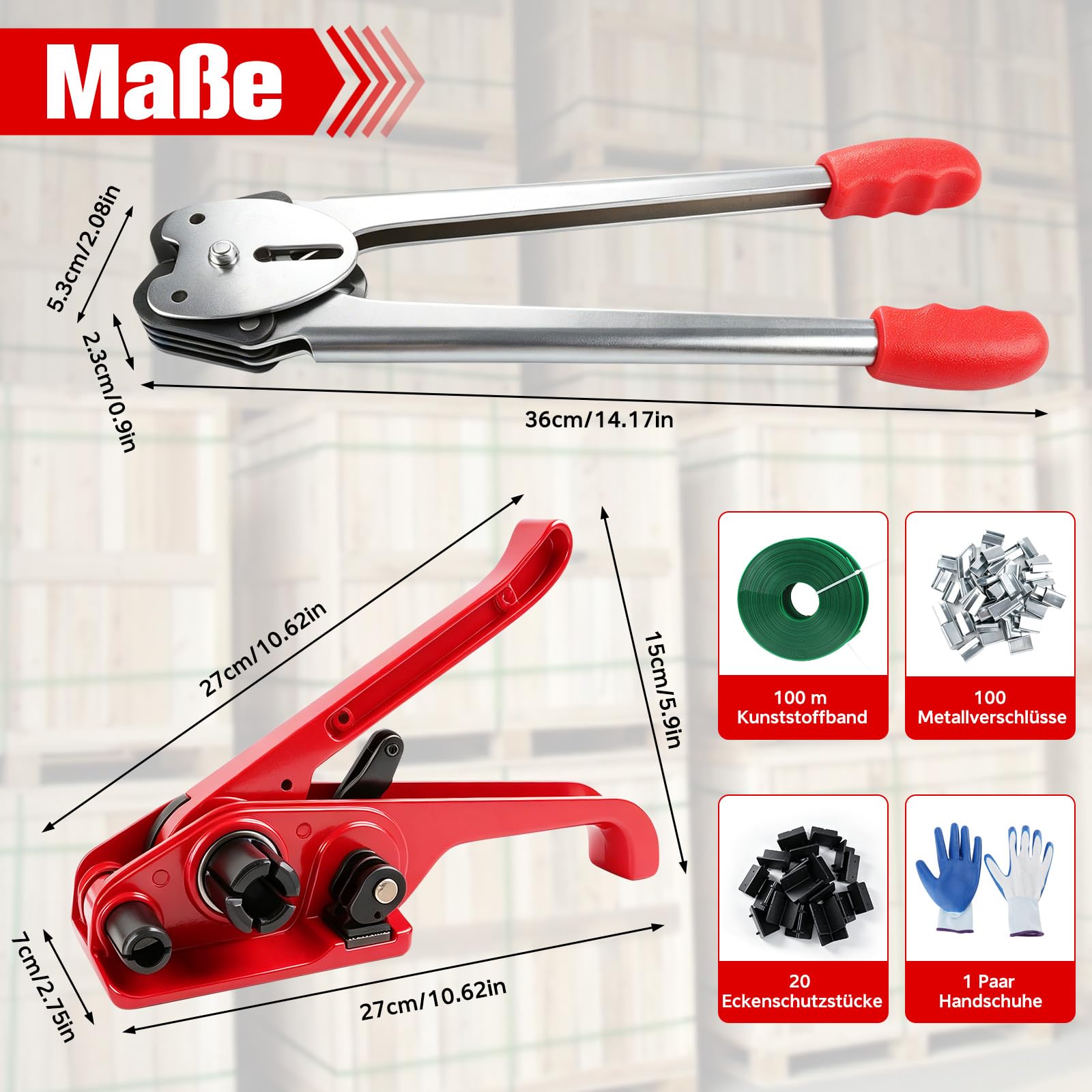 Manuelle Umreifungsset, Umreifungsgerät mit 100m PET-Umreifungsband, 100 Stück Clips, 20 Eckschutz, Handschuhe, Spanner, für 12-19mm PP/PET-Kunststoffverpackungen