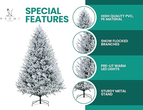 Miniatura 3 de Ginebra - Árbol de Navidad flocado de nieve de 7.5 pies preiluminado con 3266 puntas de rama, 650 luces cálidas y soporte de metal, árbol de Navidad