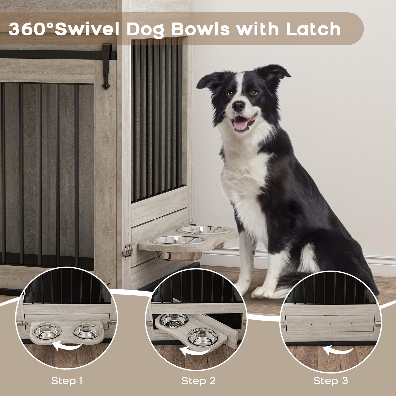 Cage pour Chien, Caisse pour Animaux de Style Meuble avec Portes Coulissantes, Niche D'intérieur en Bois avec Tiroir, Maison pour Chien avec Gamelle Pivotante à 360°, Gris