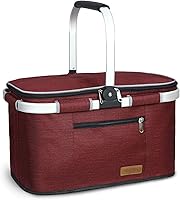 LIQING 35L Insulated Leak-Proof Picnic Basket with Folding Stability & Removable Liner - Ideal Picnic & Gift Basket (Wine Red)