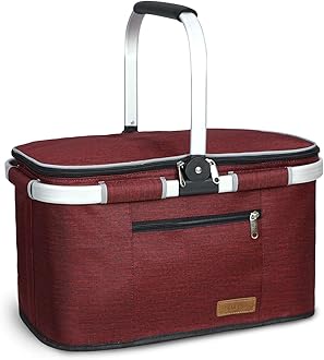 LIQING 35L Large Picnic Basket 2 Layers of Internal Pockets Leak-Proof and Insulated ，Folding with Internal Support for enhansed Stability, Wedding Gifts for Couple(Wine red)