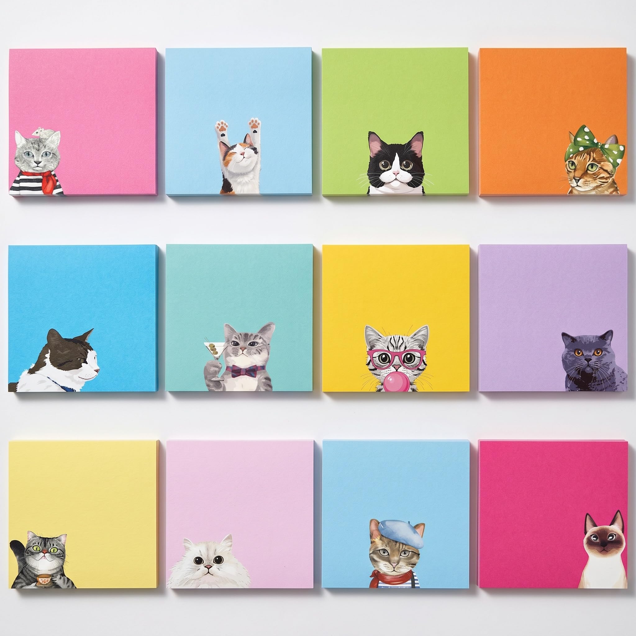 240 Sheets Cute Cat Sticky Notes Set, 12 Packs Funny Animal Memo Pads for Kids Party Bag Fillers, 7.5x7.5cm Self-Stick Note Pads, Kawaii Stationery School Office Supplies Gifts for Cat Lovers (Cat)