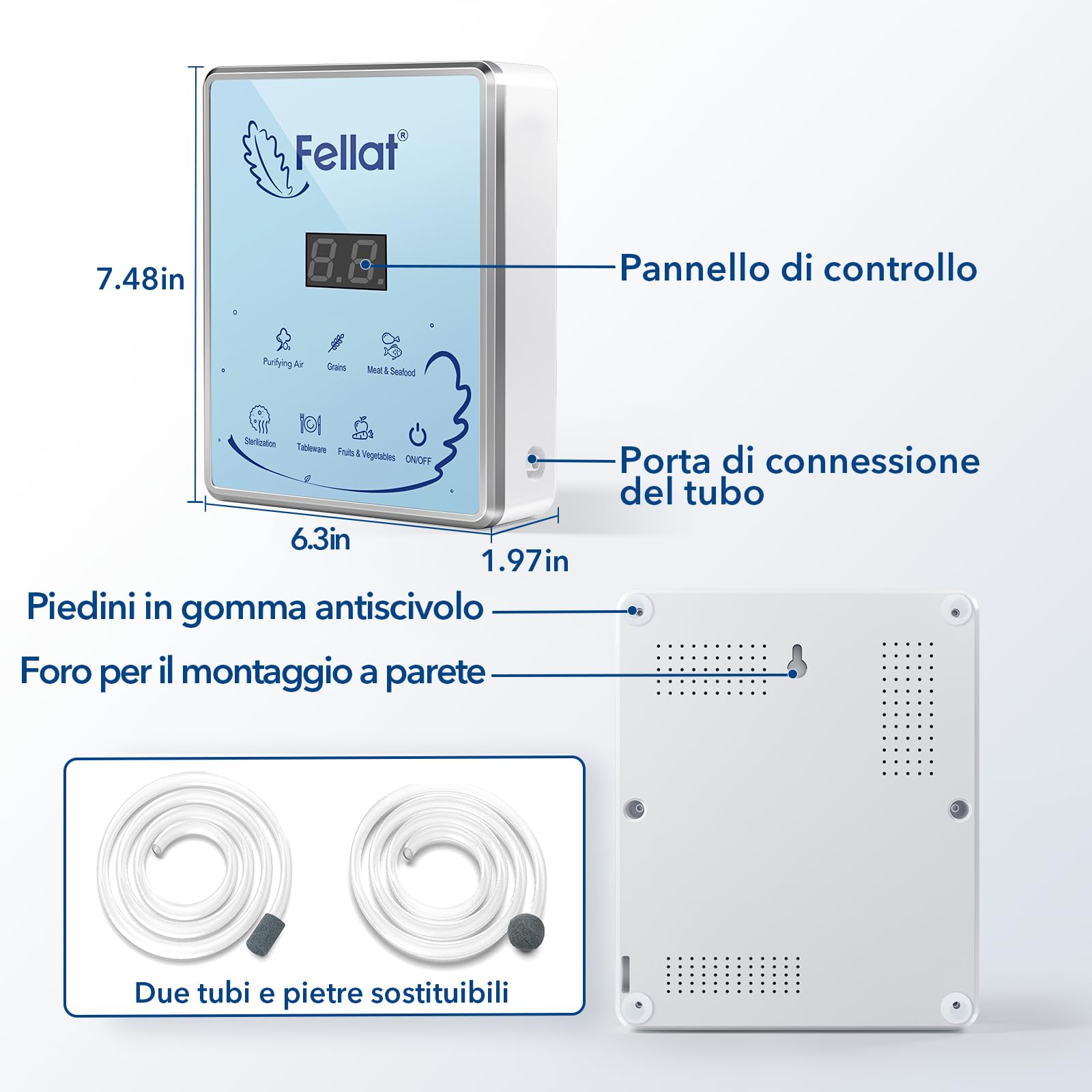Generatore di Ozono, Purificatore d'Aria Deodorante per 5-30 ㎡, Ozonizzatore Multifunzionale per Acqua e Aria, 6 Modalità per Pulisci Frutta Verdura, Rimuovi l'odore
