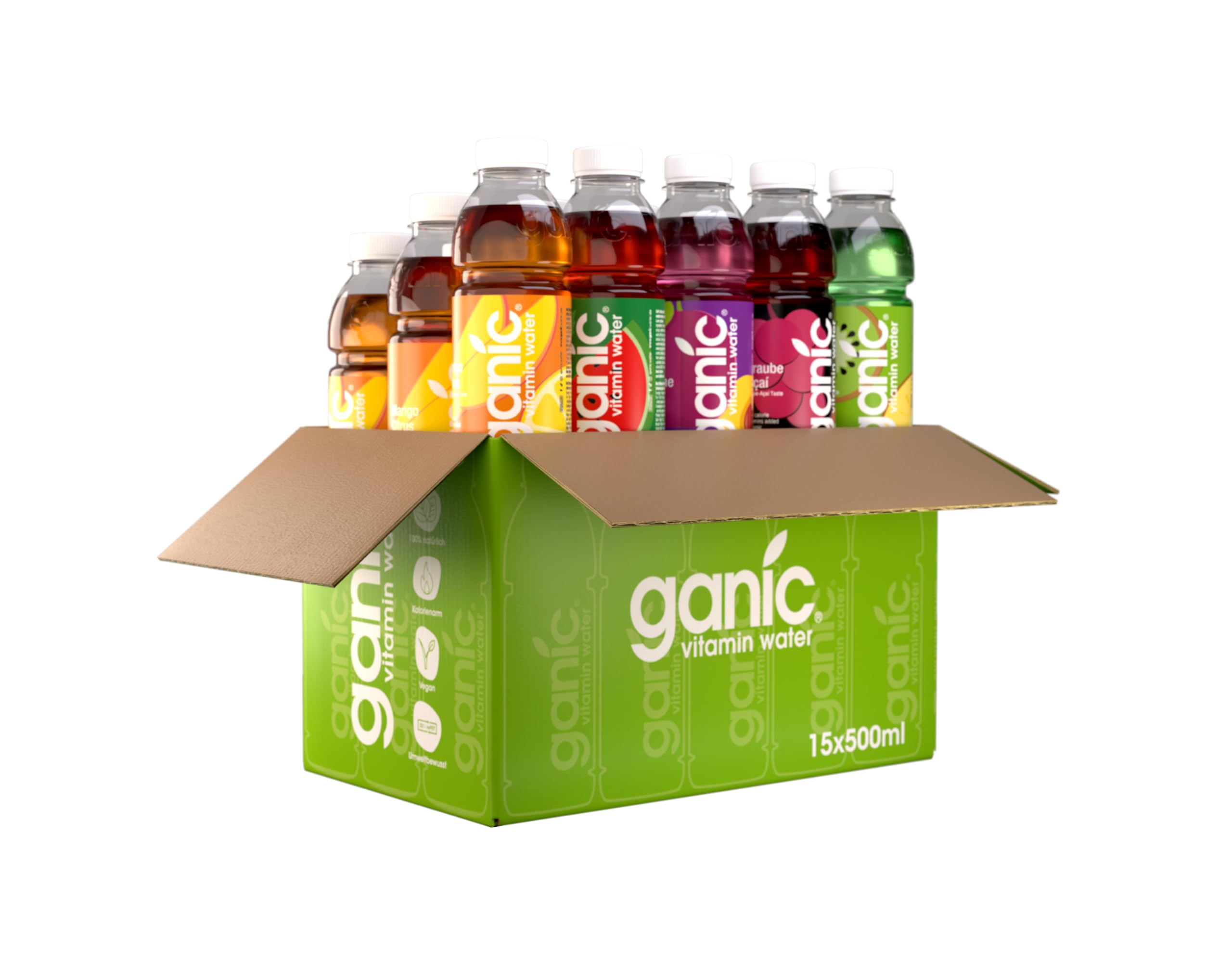 ganic Vitaminwasser Mix-Set – 15 x 0,5 L PET-Flaschen – alle Sorten des Vitamin Boosters in einem Set – 100% natürlich, vegan, isotonisch & kalorienarm – ohne Konservierungsstoffe