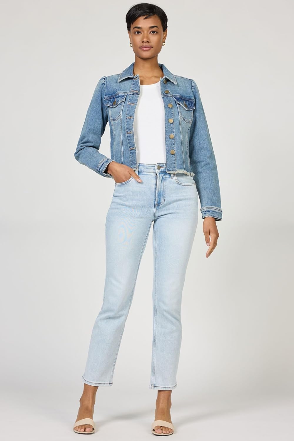 DEAR JOHN Roselyn Denim Jacket Women’s Classic Fit Stretch Denim Puff Sleeve Button Front Jacket