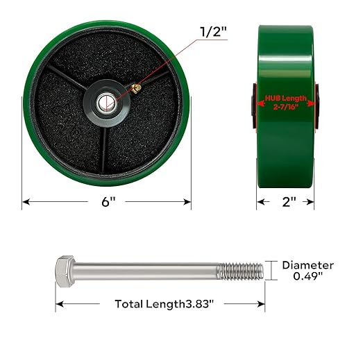 Miniatura 2 de Ruedas giratorias de 6 pulgadas resistentes, poliuretano sobre rueda de acero, orificio de 12 pulgada, juego de 4 ruedas giratorias de repuesto con