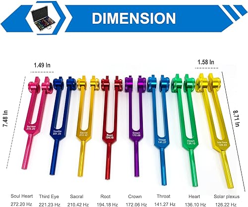 Miniatura 4 de Juego de diapasones Chakra para curación, 7 chakras + 1 diapasón con peso de propósito de alma con exquisita caja de regalo de aluminio, multicolor