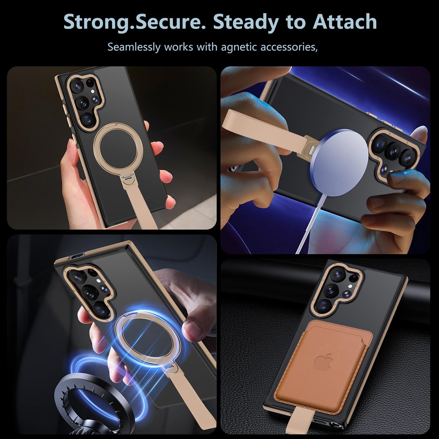 360°Spin Magnetic Stand with Silicone Strap for Samsung Galaxy S23 Ultra Case[Fit for MagSafe], Mil-Grade Shockproof Translucent S23 Ultra Phone Case with Kickstand Rotatable (Desert Gold) - Image 6