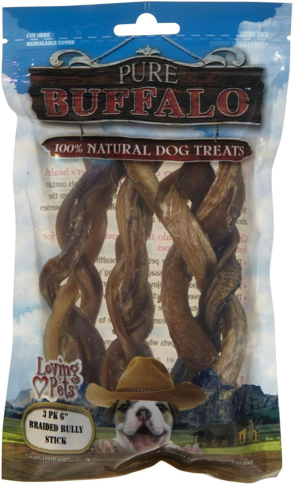 Pure Buffalo Braided Bully Sticks - 6 In - 3-Pack