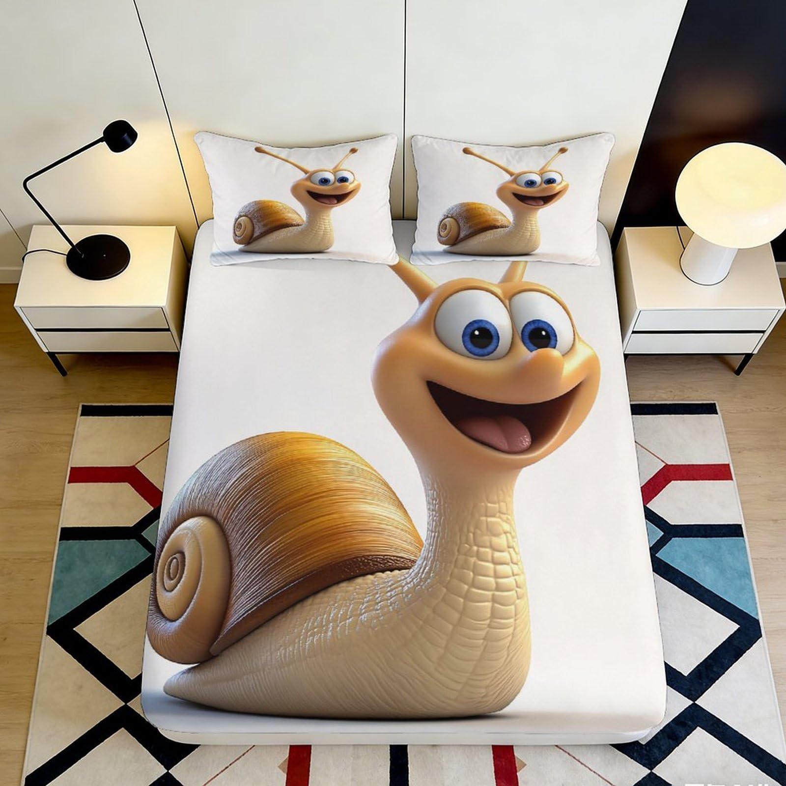 3D Printed Smiling Snail Fitted Sheet Microfiber Soft Non-slip Cartoon Bed Cover for Bedroom Dorm Mattress Protection Decor 120x200x25cm