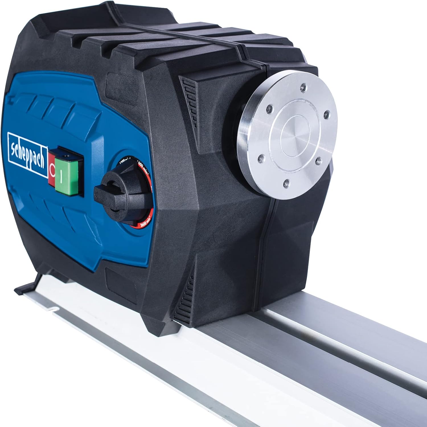 Close-up of the headstock with speed control knob and power switch