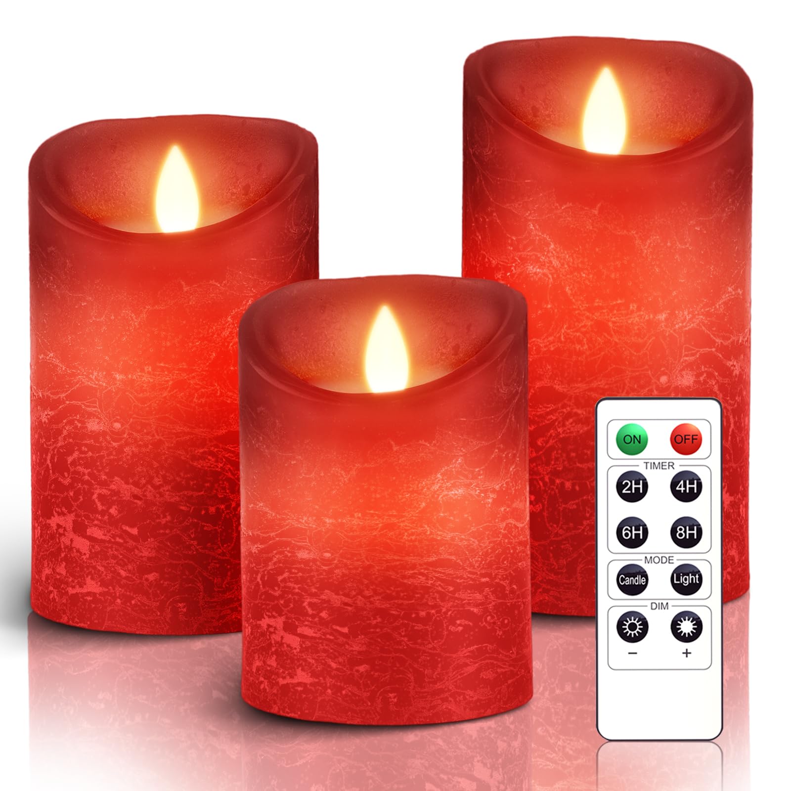 AiiBowy LED Velas [3 piezas] Velas sin llama, Velas al aire libre, llama parpadeante, Control remoto, Función de temporización, Ajustar las luces, Navidad, Cumpleaños, Fiestas, bodas Rojo