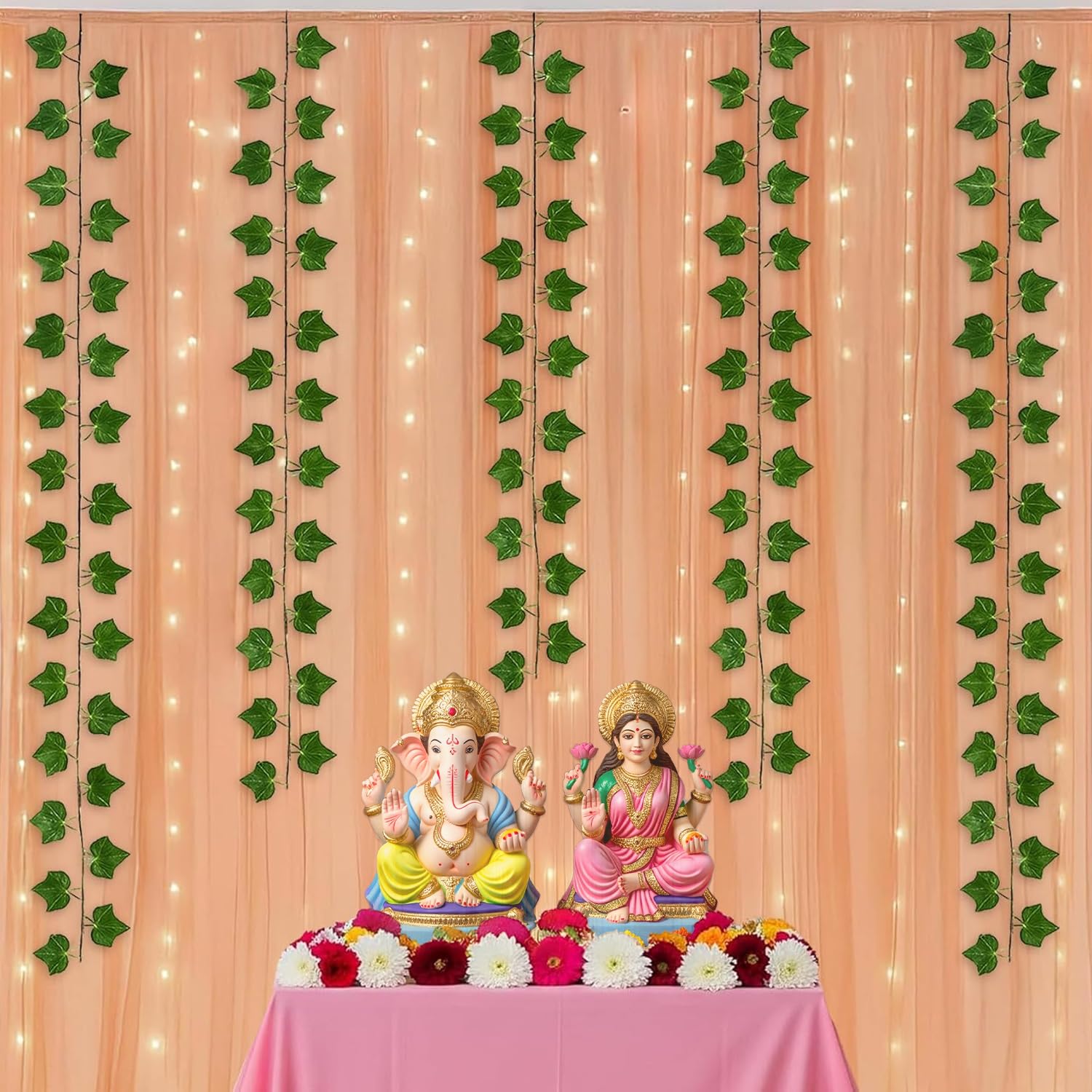 SpecialYou.in® Ganpati Decoration Setup For Home,Back Drop Curtain For Decoration With Peach Net Curtain,Light & Green Vines,Ganesh Decorations Items For Home,Wall Decor Items For Living Room-10 Pcs