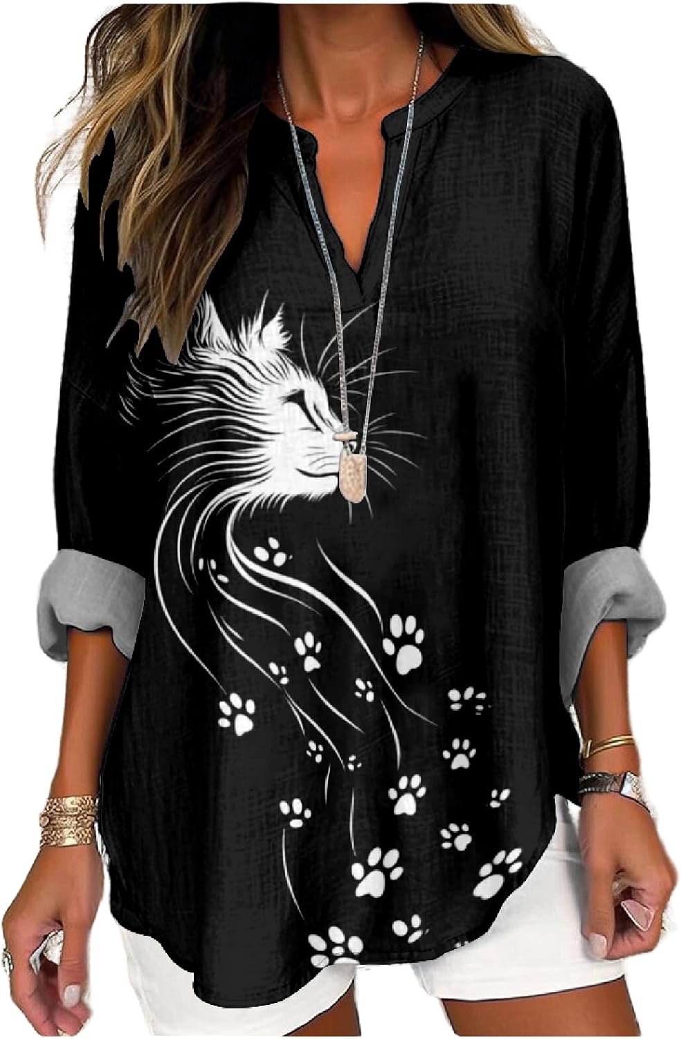 MARSVOVO Cat Shirts for Women Long Sleeve Cute Cat Pullover Graphic Novelty V Neck Blouse Oversized Funny Tunic Tops