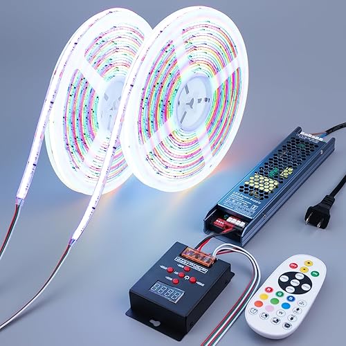 Tira de luces LED COB RGB+IC de 24 V WS2811 de 65.6 pies (2 rollos de 32.8 pies), tira de luz LED de persecución con 338 modelos de control remoto y