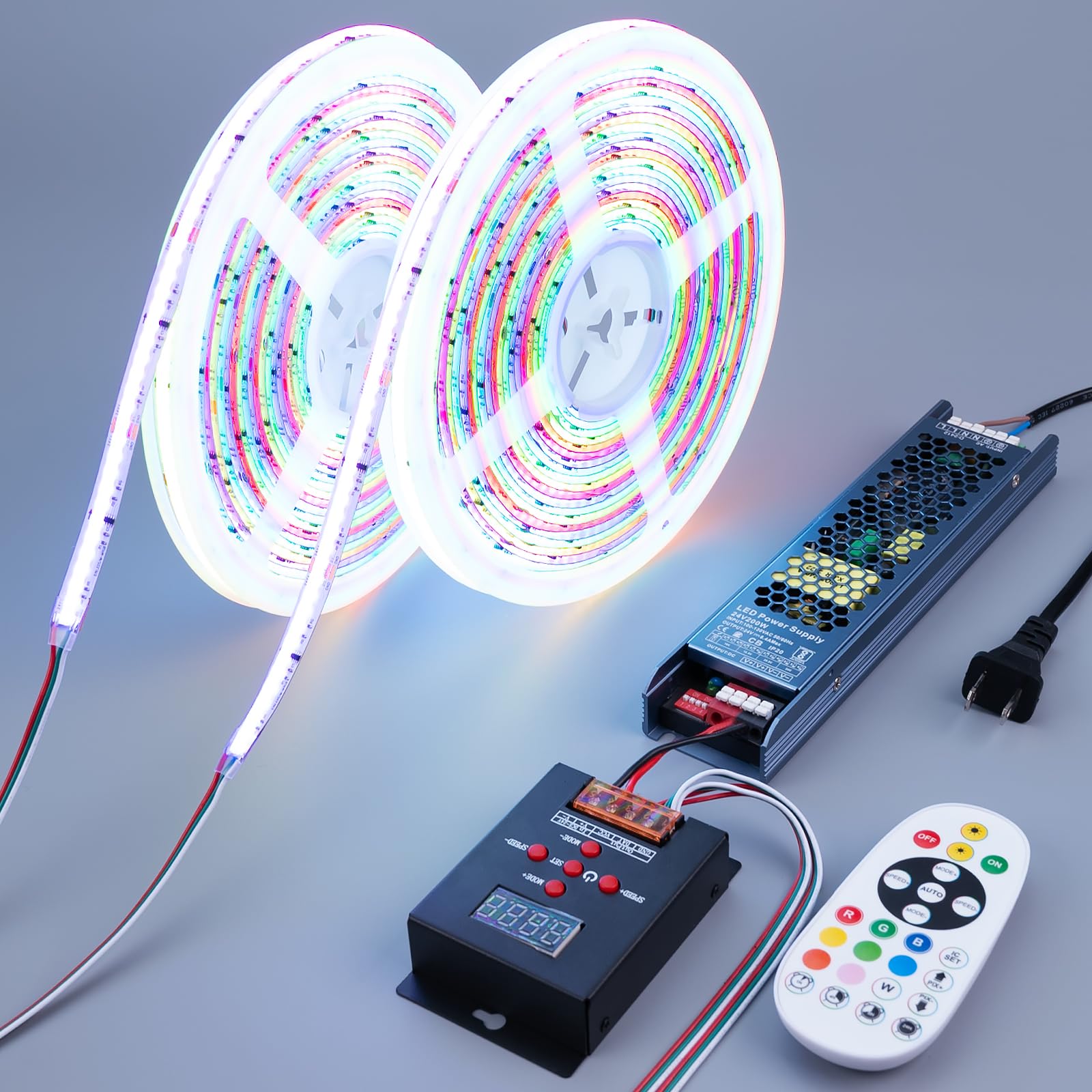 BENLUN 24V WS2811 RGB+IC COB LED Strip Lights 65.6ft (2 Rolls of 32.8ft), Chasing LED Light Strip with 338 Remote Controller Models and Power Supply