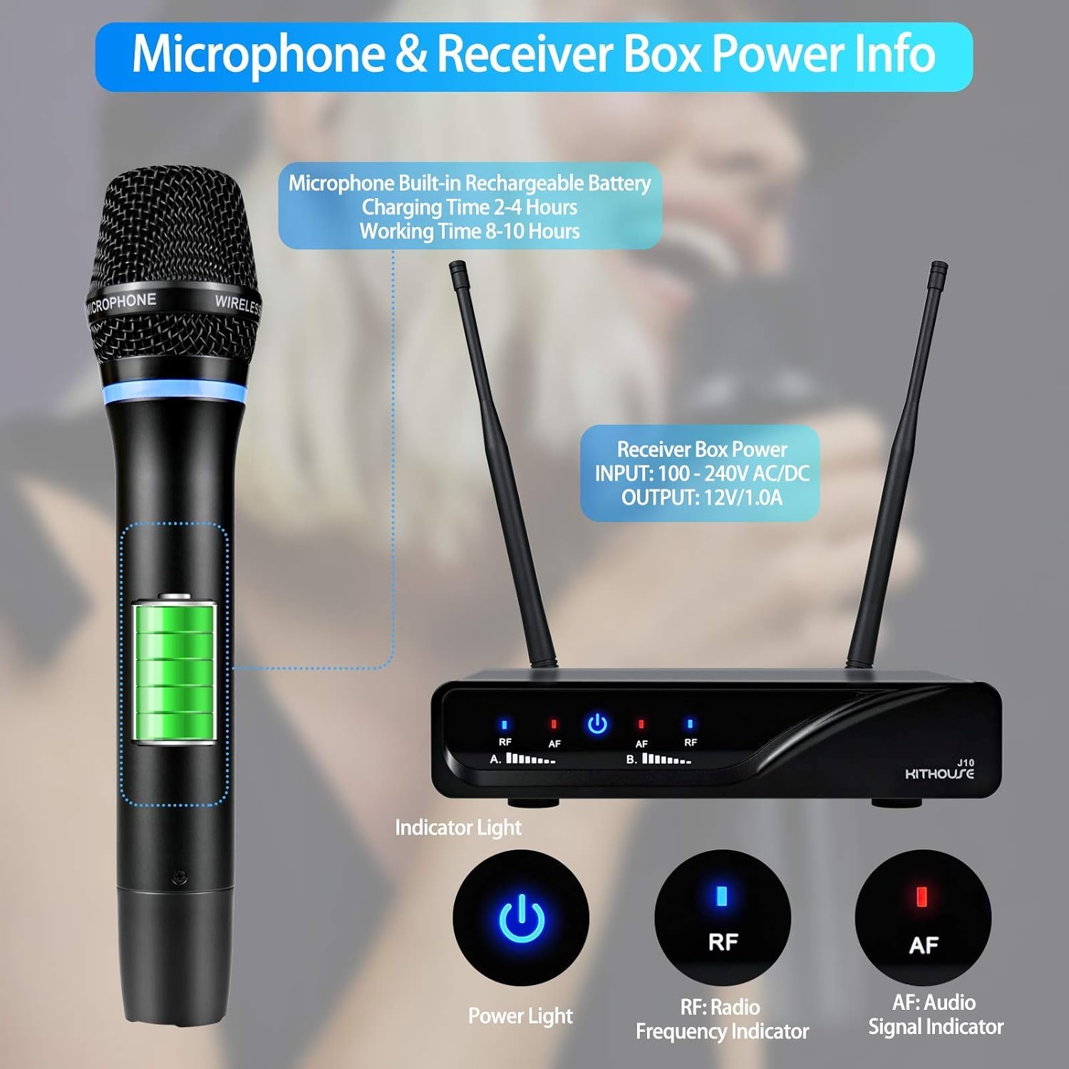 J10 Wireless Microphone Karaoke System Rechargeable, UHF Metal Cordless Microphone Handheld with Volume Echo Treble BASS Control and Receiver Box for Singing Karaoke Speech Meeting - Image 6