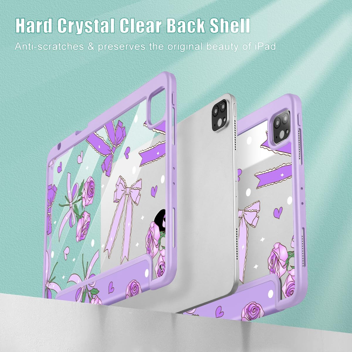Tuiklol for iPad Pro 12.9 Inch 6th/5th/4th/3rd Generation 2022 2021 2020 2018 Case,Built-in Pencil Holder Clear Transparent Protective Back Shell Cover with Auto Sleep/Wake, Bow & Rose Purple