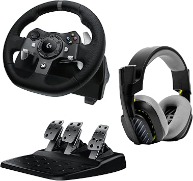 Logitech G G920 Driving Force Racing Wheel and Floor Pedals + A10 Gaming Headset Gen 2 Wired Headset - Over-ear gaming headphones with flip-to-mute microphone, Xbox Series X|S, Xbox, PC, Mac - Black