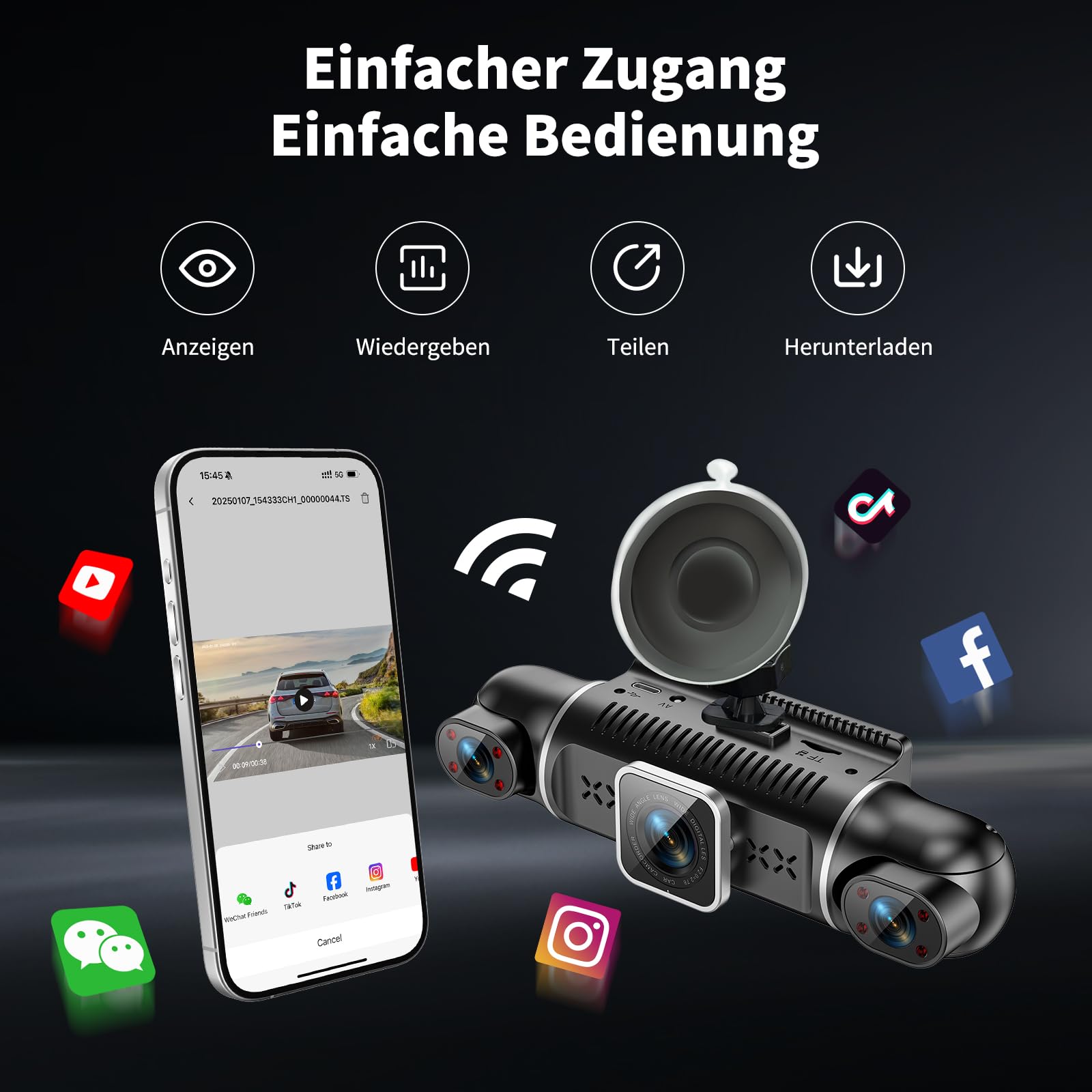 Dashcam Auto Vorne Hinten 4K/1080P,4 Kanal Auto Kamera mit 64GB SD-Karte | 360°Dash Cam mit parküberwachung,4X140° Weitwinkel,3" IPS-Bildschirm,Super Nachtsicht,WDR,G-Sensor,Loop-Aufnahme,cable App